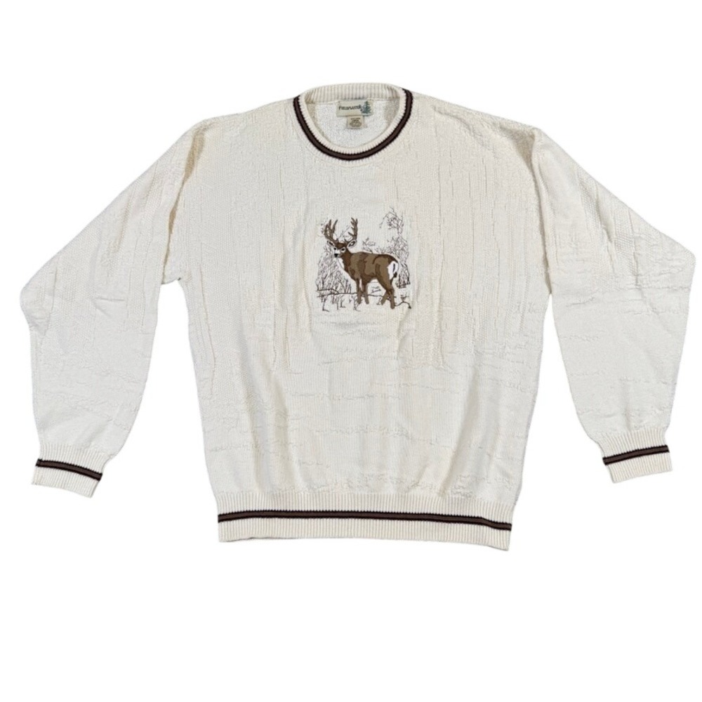 Fieldmaster Mens Vintage Deer Buck Embroidered Cotton Sweater Cream Large USA